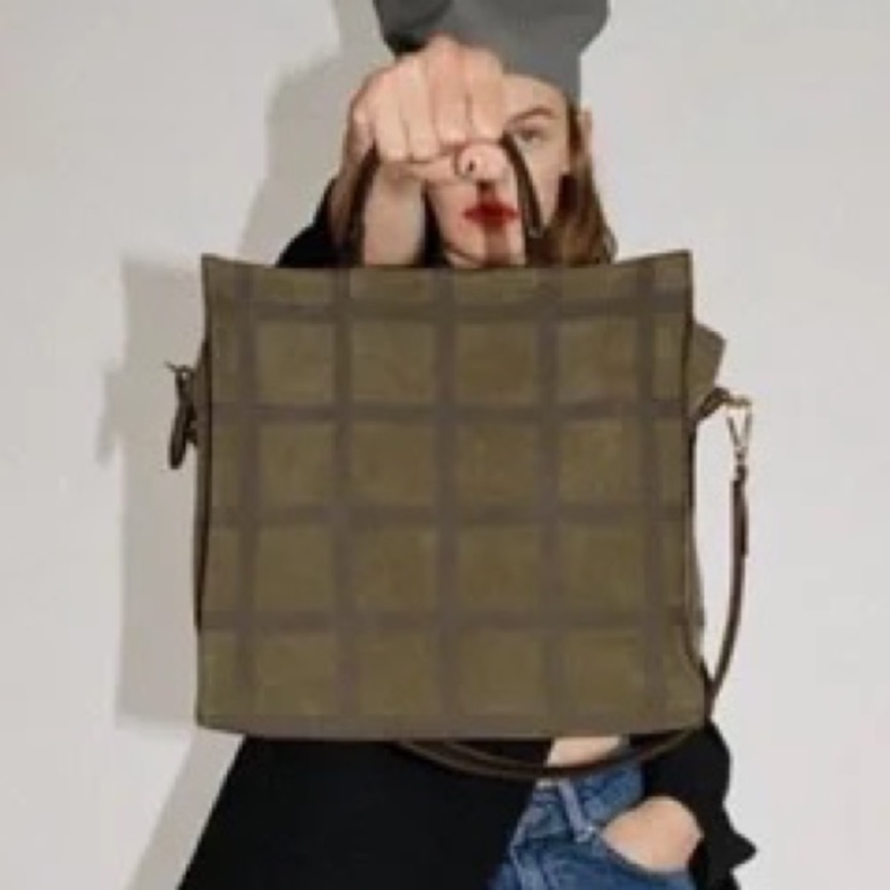 ZARA leather split leather checkered green bag tote shopper